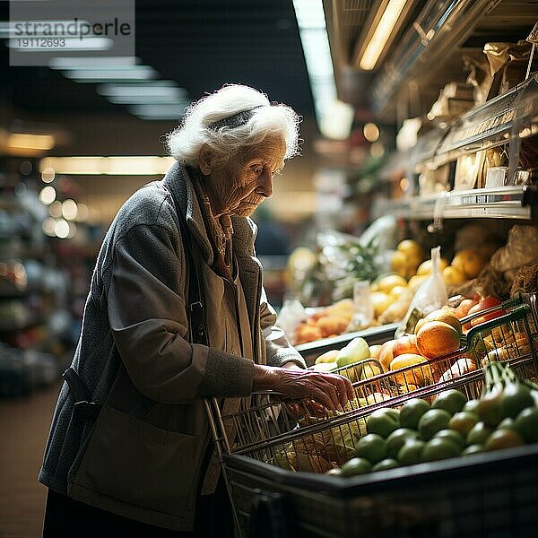 Eine alte Dame  die im Supermarkt einkauft  ist besorgt über die hohen Preise  die AI generiert