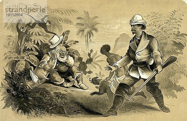 Entdeckung des Weisen von Chappaqua durch HM Stanely. Der Weise verschwindet auf mysteriöse Weise am 5. November 1872. Seine Entdeckung nach langwieriger Suche in der Wildnis durch den unerschrockenen Forscher Stanley. Eine Karikatur von Horace Greeley  die sein Verschwinden aus dem öffentlichen Leben nach seiner Niederlage bei den Präsidentschaftswahlen am 5. November kommentiert  Historisch  digital restaurierte Reproduktion von einer Vorlage aus der damaligen Zeit