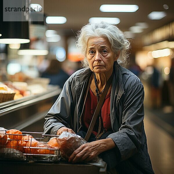 Eine alte Dame  die im Supermarkt einkauft  ist besorgt über die hohen Preise  die AI generiert