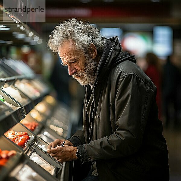 Einkaufen im Supermarkt  alter Mann  besorgt über die hohen Preise  AI erzeugt