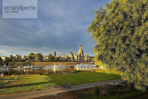 Altstadtsilhouette Dresdens an der Elbe im Morgenlicht