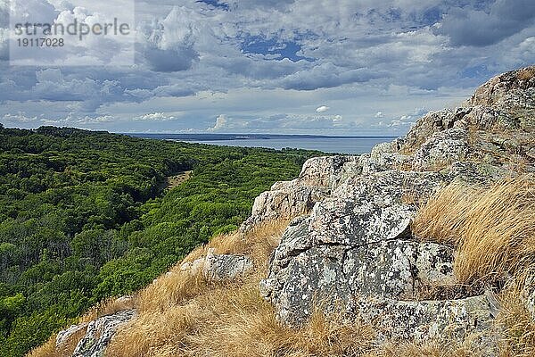 Blick über die Küstenlinie und den Strand im Stenshuvud Nationalpark bei Kivik  Skåne  Schonen  Schweden  Skandinavien  Europa