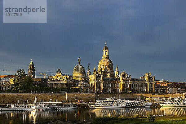 Altstadtsilhouette Dresdens an der Elbe im Morgenlicht