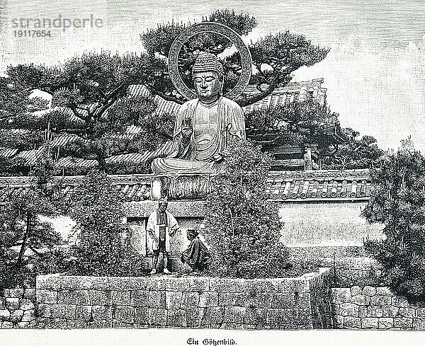 Götzenbild im Garten  Tokio  Japan  Gottheid  Religion  Bäume  Beete  Pflanzen  Mauer  Dächer  Haus  zwei Menschen  historische Illustration um 1898  Asien