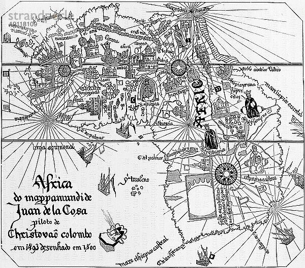 Kontinent Afrika um das Jahr 1500  16. Jahrhundert  viele religiöse Symbole  Wehrtürme  Brgen  Segelschiffe  Atlas Gebirge  Küsten  Lastenträger  Nil  Juan de la Cosa  historische Landkarte zu Christopher Kolumbus Zeit