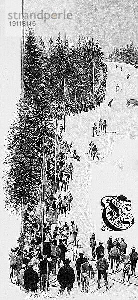 Oslo ehemals Christiania  Hauptstadt von Norwegen  Eislaufen  Wintersport  Skifahren  viele Menschen  Abhang  Schnee  Winter  Tannen  Wald  Fahnen  Zuschauer  historische Illustration um 1898