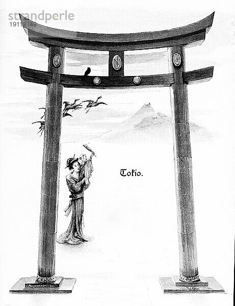 Torii  japanisches Tor  Tokio  Japan  Tradition  zwei Pfosten  doppelter Querbalken  Symbolik  Vögel  Frau trägt Kind  Berg  historische Illustration um 1898  Asien