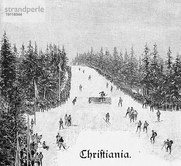 Oslo ehemals Christiania  Hauptstadt von Norwegen  Eislaufen  Wintersport  Skifahren  viele Menschen  Abhang  Schnee  Winter  Tannen  Wald  Fahnen  historische Illustration um 1898