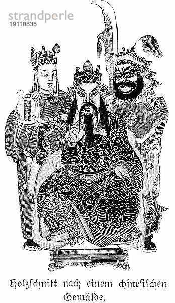 Holzschnitt nach chinesichem Gemälde  drei Figuren  Masken  Verkleidung  Kopfbedeckung  Bart  China  historische Illustration um 1898  Asien