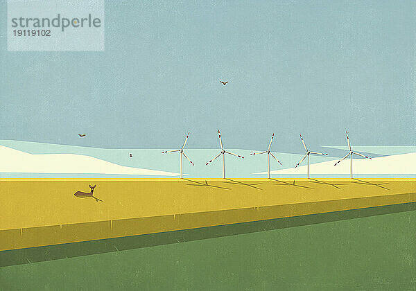 Hirsche liegen auf einem sonnigen ländlichen Feld mit Windkraftanlagen