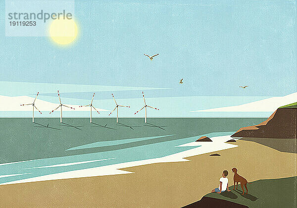 Ruhiger Mann und Hund beobachten Windkraftanlagen im sonnigen Ozean