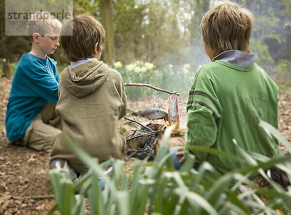 Drei Jungen sitzen am Lagerfeuer und kochen Fisch