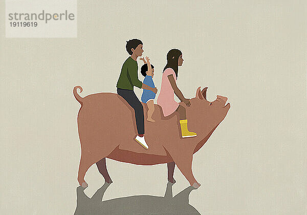 Vater und Kinder reiten Schwein