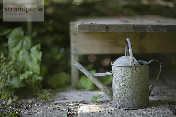 Sommergarten und Metallgießkanne