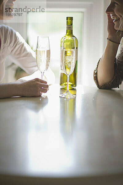 Zwei junge Frauen sitzen am Tisch  unterhalten sich  lachen und trinken Wein