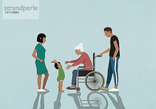 Familie beobachtet Großmutter im Rollstuhl  die nach ihrem aufgeregten kleinen Enkel greift