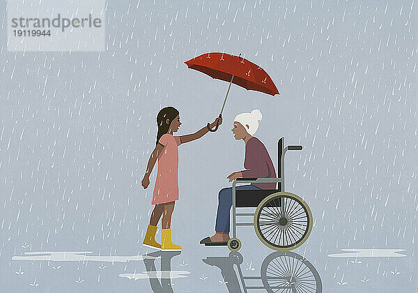 Fürsorgliches Mädchen hält Regenschirm über ältere Frau im Rollstuhl und schützt sie vor Regen