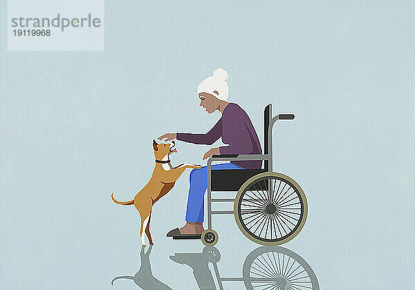 Ältere Frau im Rollstuhl spielt mit Hund