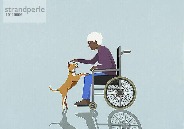 Ältere Frau im Rollstuhl streichelt süßen Hund