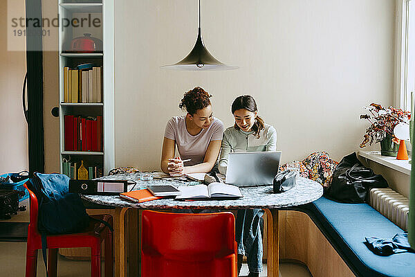 Freundinnen studieren zusammen  während sie einen Laptop am Tisch benutzen