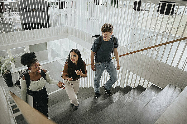 Hohe Winkel Ansicht der glücklichen multirassischen Studenten nach oben auf Stufen in der Universität