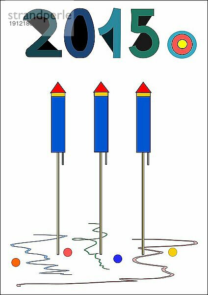 Start ins neue Jahr 2015  drei Raketen  Luftschlangen und Konfetti  weißer Hintergrund  Illustration