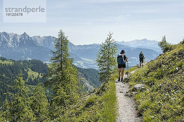 Zwei Wanderer auf Wanderweg  Berchtesgadener Alpen  Tirol  Österreich  Europa