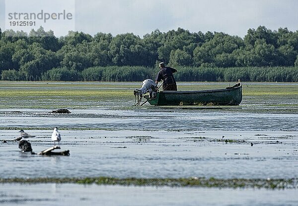 Fischer im Boot auf dem Wasser des Lacul Isaccel  einem See im Donau-Delta. UNESCO Biosphärenreservat Donaudelta. Munghiol  Tulcea  Rumänien  Südosteuropa  Europa