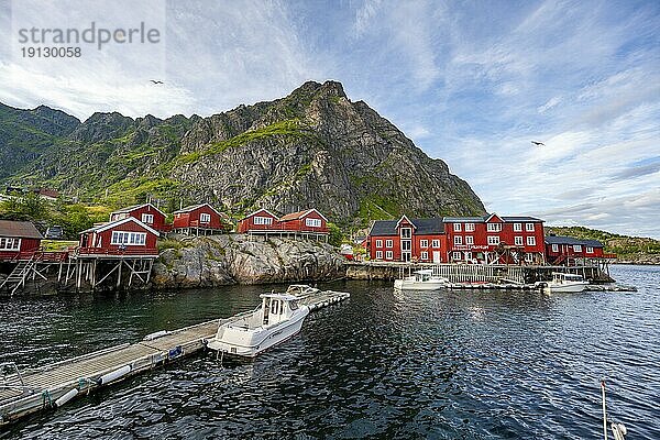 Traditionelle rote Rorbuer Holzhütten mit Stockfischmuseum  auf Stelzen am Ufer  Fischerdorf Å i Lofoten  Lofoten  Nordland  Norwegen  Europa