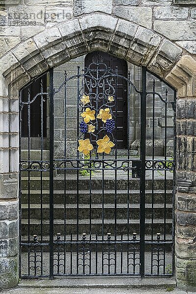 Schmiedekunst in Form von goldenen Weinblätter und Weinreben an einer Schmiedeeisernen Tür  St. Andrews  Grafschaft Fife  Schottland  Großbritannien  Europa