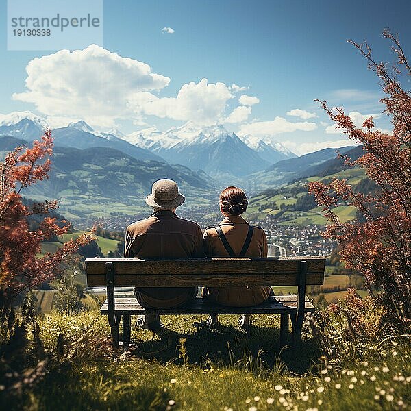 Ehepaar im Ruhestand sitzt auf einer Bank in den Bergen und betrachtet das Bergpanorama  AI generiert