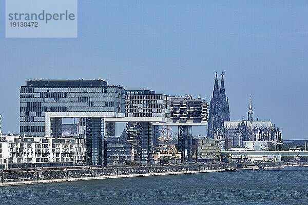 Stadtansicht vom Rheinauhafen in Köln mit den 3 Kranhäusern  Kölner Dom  Rhein  Severinsbrücke  Köln  Nordrhein-Westfalen  Deutschland  Europa