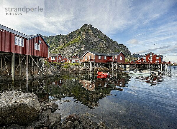 Traditionelle rote Rorbuer Holzhütten  auf Stelzen am Ufer  spiegeln sich im Wasser  Fischerdorf Å i Lofoten  Lofoten  Nordland  Norwegen  Europa