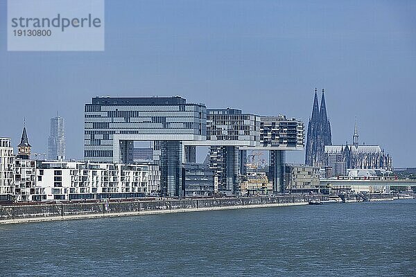 Stadtansicht vom Rheinauhafen in Köln mit den 3 Kranhäusern  Kölner Dom  Rhein  Severinsbrücke  Köln  Nordrhein-Westfalen  Deutschland  Europa