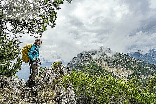 Bergsteigerin am mit Latschenkiefern bewachsenen Grat des Katzenkopf  wolkenverhangene Berglandschaft  Ammergauer Alpen  Bayern  Deutschland  Europa