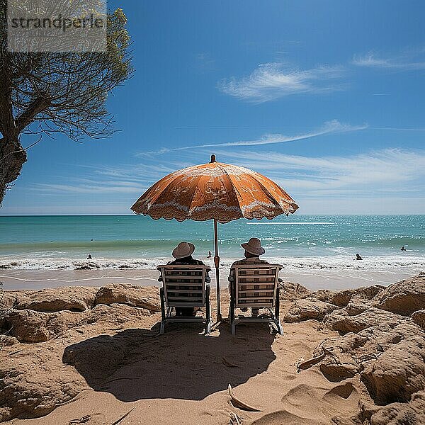 Ehepaar im Ruhestand  das auf einer Sonnenliege unter einem Sonnenschirm sitzt und auf das Meer schaut  AI erzeugt