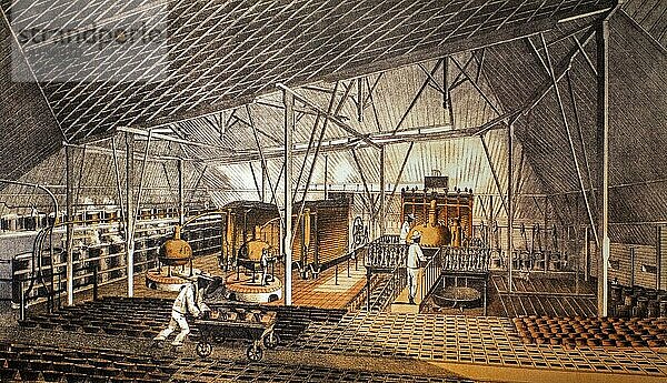 Lithografie von 1856  die afrikanische Sklaven und chinesische Lohnarbeiter bei der Arbeit in der Zuckerfabrik La Ponina bei Cardenas  Kuba  zeigt  Mittelamerika
