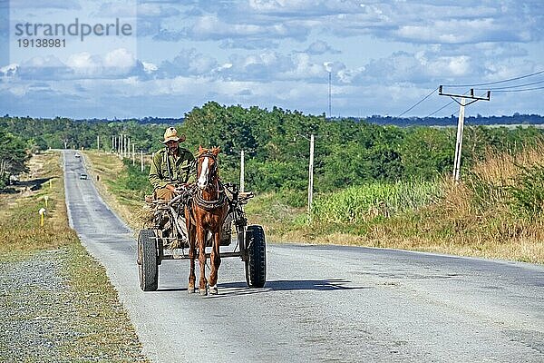 Ein kubanischer Mann fährt mit einem Pferdewagen auf der Carretera Central (CC)  der Zentralstraße  einer West Ost Autobahn  die sich über die gesamte Insel Kuba erstreckt