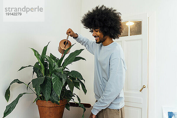 Lächelnder Mann  der zu Hause Pflanzen gießt