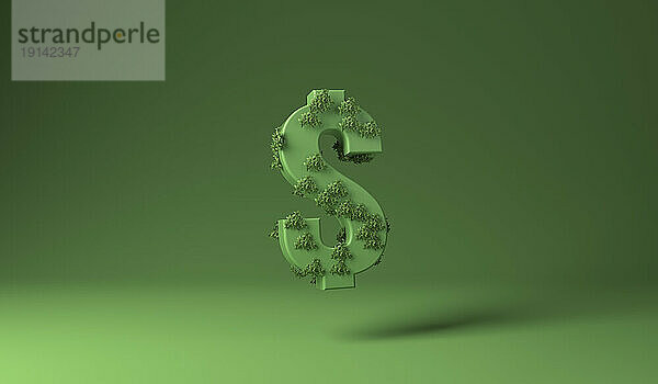 Dollarzeichen bedeckt mit grünen Pflanzen vor grünem Hintergrund
