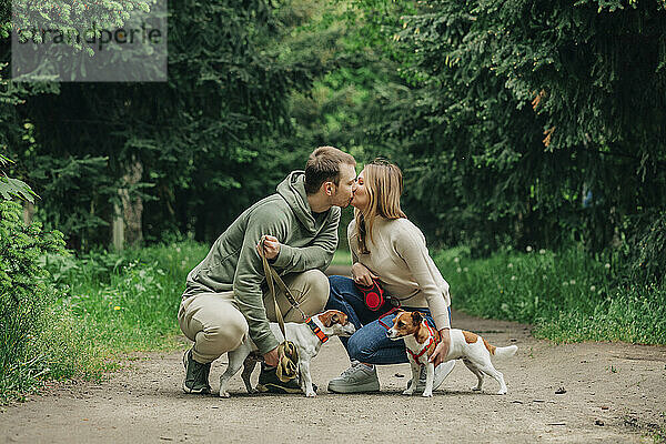 Mann und Frau küssen sich mit Jack-Russell-Terrier-Hunden im Park