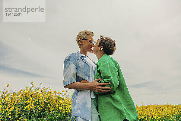 Fröhliche Lesben umarmen sich auf dem Feld
