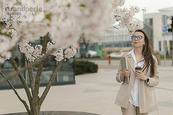 Lächelnde Geschäftsfrau  die am Kirschblütenbaum vorbeigeht