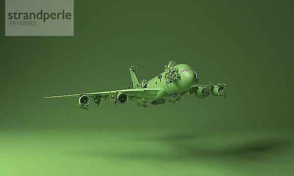 Flugzeug bedeckt mit grünen Pflanzen vor grünem Hintergrund