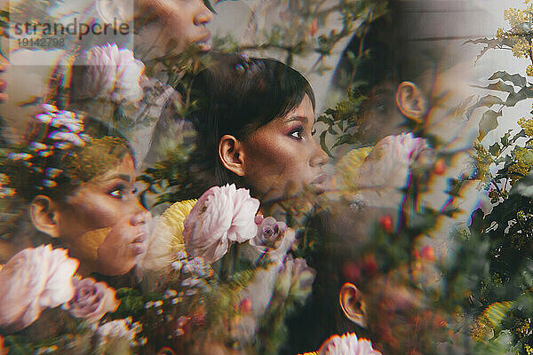 Multiple image of young woman with flowers