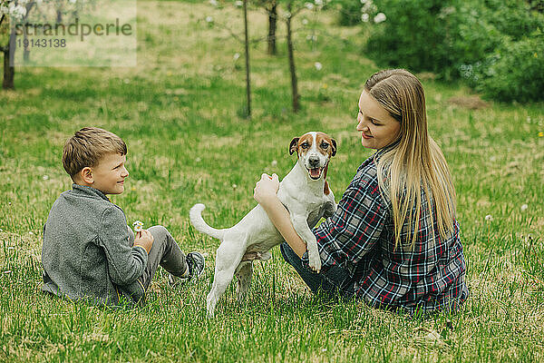 Glückliche Mutter und Sohn sitzen mit dem Hund Jack Russell Terrier im Garten