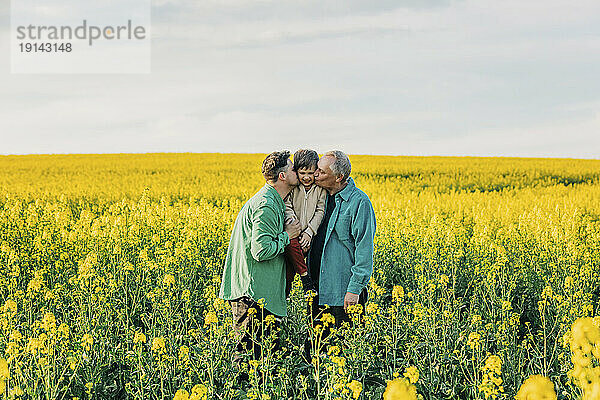Father and grandfather kissing son standing in rapeseed field