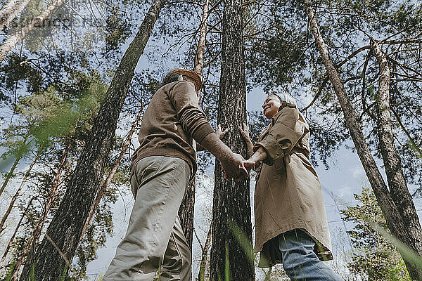 Romantisches Paar hält Händchen am Baum im Wald