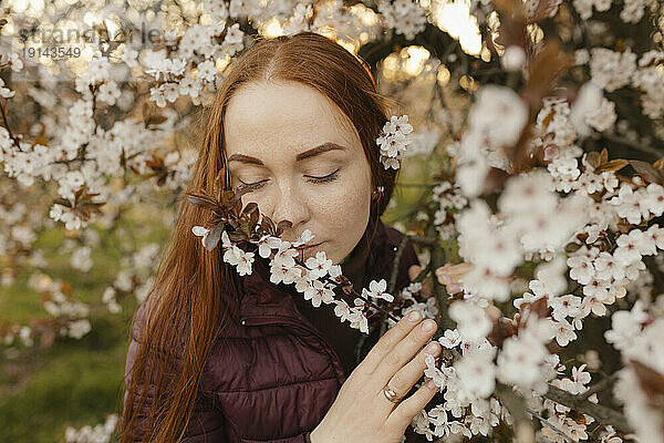 Rothaarige Frau riecht Blumen am Baum im Park