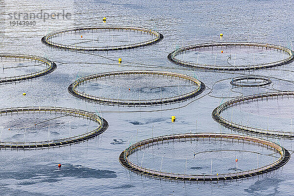 Salmon fish farm in the ocean waters at Faroe Islands